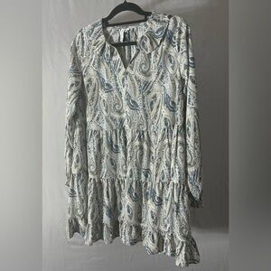 Women's Blue Paisley Tiered Long-Sleeve Dress